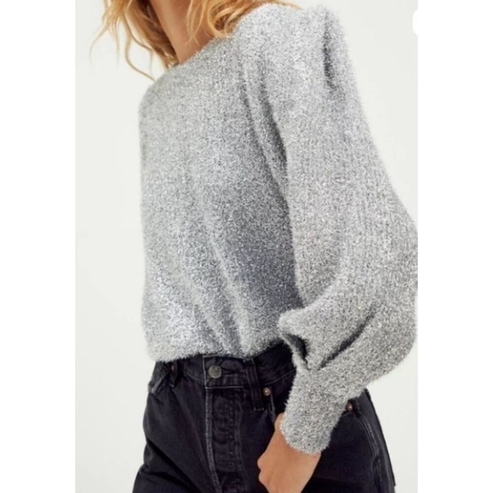 Ronny Kobo Womens Carina Sweater Top Puff Sleeve Silver Sparkly Metallic Small